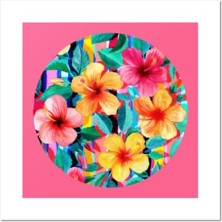 OTT Maximalist Hawaiian Hibiscus Floral with Stripes Posters and Art